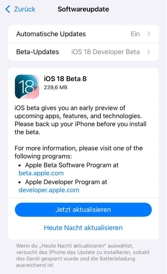 天水苹果手机维修分享苹果 iOS / iPadOS 18 开发者预览版 Beta 8 发布 